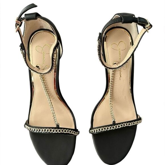 Jessica Simpson Black Chain Strap Heels Italia Napa Style JS - QIVEN Women’s 8.5 - Picture 10 of 11